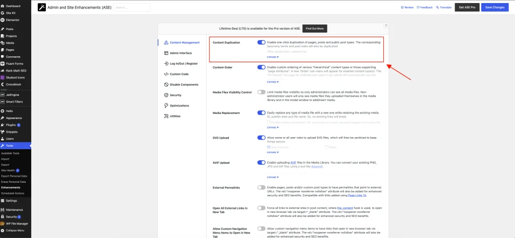 Turn on Content Duplication